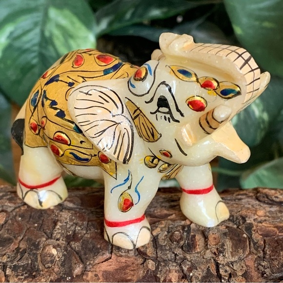 Marble Elephant Statue Trunk Up Hand Painted Indian Art home Decor Sculpture 3" - Picture 2 of 14